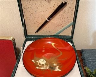 Lacquer bowl, chopsticks in presentation box, handpainted