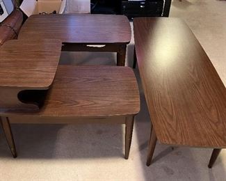 MCM matching coffee table, end table, two tier end table.  No marks.  Formica