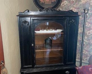 Antique Ornate Black China Cabinet & Large Painted Tray!