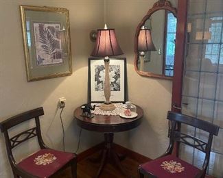 Vintage Mahogany Chairs w/ Burgundy  Embroidered Seats & Small Round Table! 
