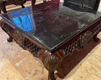 Cherry (Rosewood?) and Marble Hand-Carved Large Coffee Table
