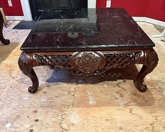 Cherry (Rosewood?) and Marble Hand-Carved Large Coffee Table