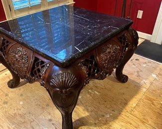 Cherry (Rosewood?) and Marble Hand-Carved Large Coffee Table