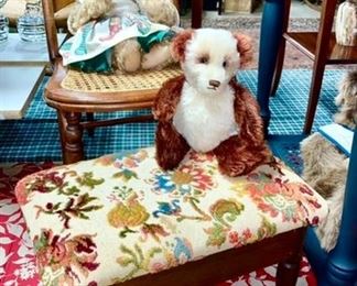 Child's cane seat chair, vintage stool, 2 vintage Mohair teddy bears