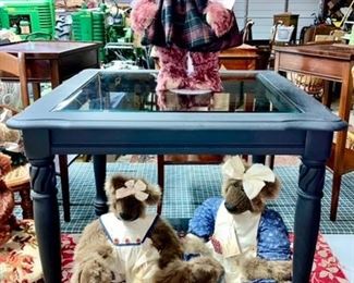 Vintage side table w/ cane bottom & glass top, purple Mohair teddy bear, 2 vintage hand crafted teddy bears