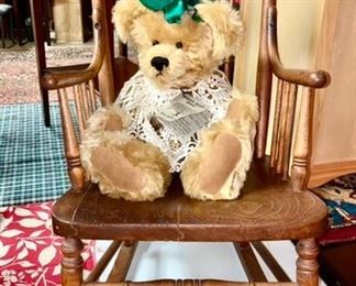 Antique child's rocking chair w/ pressed back, hand crafted mohair teddy bear