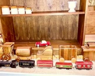 Vintage hand crafted wooden train, vintage metal train set