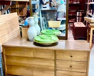 Harmony House dresser w/ mirror, vintage Haeger vase, vintage ceramic relish set on wooden stand