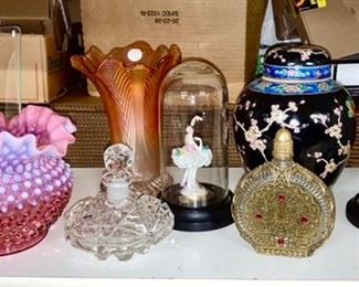 Cranberry opalescent hobnail fluted vase, crystal & jeweled perfume bottles, marigold carnival glass vase, 2 vintage porcelain ballerina dancers w/ glass covers, vintage ginger jar