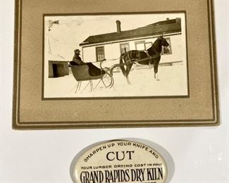 3"x5" antique photo horse pulling sled, advertising Grand Rapids Dry Kiln knife sharpener (on back)
