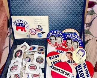 Many Nixon political pin-back buttons