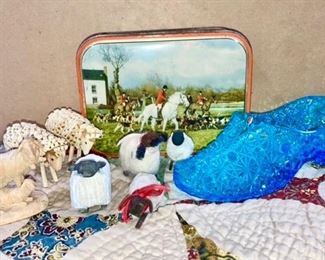Hand crafted sheep (wood, wool, etc), vintage Toffee tin, blue Victorian EAPG Vaseline glass Daisy & Button slipper dated 1896