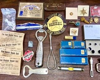 Morning car parts, bottle openers, advertising, pins, etc