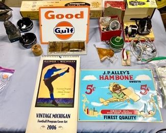 Misc advertising, porcelain Gulf sign, vintage fishing reels, reproduction metal J. P. Alley’s Hambone sign
