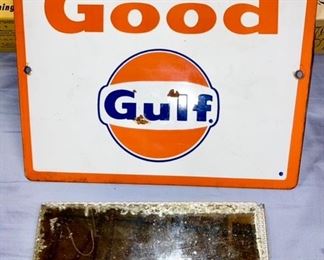 Vintage porcelain Gulf sign, mirrored Mith Chevrolet advertising 