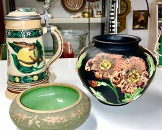 Redwing (bottom signed) brushware low bowl, German alligator beer stein, black satin glass w/ hand painted raised flower decor