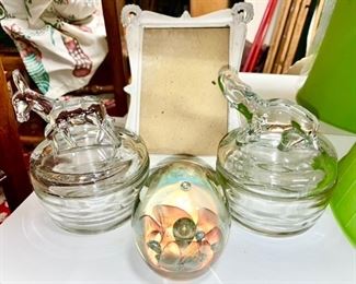 Vintage political glass donkey & elephant covered jars, hand blown vintage paperweight