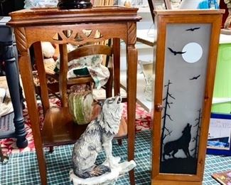 Vintage side table, Collectible howling wolf, modern stand (for toilet paper?) with wolf decor