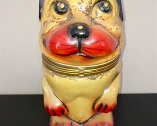 Antique glass dog drink caddy w/ small decanter & shot glass set (minor paint loss and hinge needs some work)