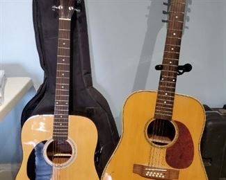 Rogue RG-624 Left-Handed Dreadnought Acoustic Guitar Natural with soft side case $50 and a Rogue RADH12 12-String Acoustic Guitar with stand $75.