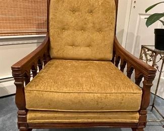 Mid Century Wooden Cane Back Chair with Gold Upholstery