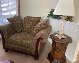 Oskar Huber Oversized Chair, 6 Sided Mid Century Carved Woode Table and Marble Lamp