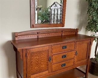 Bassett Solid Oak Mission Style Serving Table with Mirror