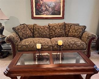 Oscar Huber Sofa and Wood Inlay Design Beveled Glass Coffee Table