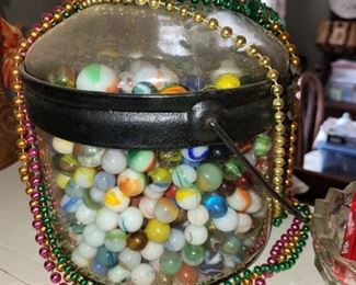 Vintage kerosene glass jar 
Antique marbles