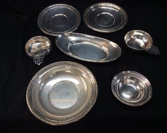 43.25 OUNCES STERLING SILVER, VTG. GORHAM & ASSORTED PLATES, SAUCERS, PLATTERS AND BOWLS