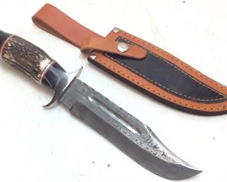STAG HANDLE DAMASCUS BLADE BOWIE KNIFE w LEATHER CASE