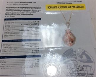 14KT ROSE GOLD MORGANITE & DIAMOND NECKLACE & PENDANT10.02ct MORGANITE, 1.32ct DIAMONDS, 10.7g, 20''L, GGA APPRAISAL $12,770, 