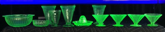 URANIUM GLASS DISHES, 11 PIECES