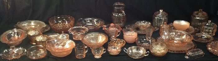ASSORTED PINK DEPRESSION GLASS, 59 PIECES