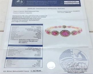 14KT GOLD RUBY CORUNDUM & DIAMOND BRACELET, 19.64ct RUBIES, 3.49ct DIAMONDS, GGA APPRAISAL $16,740