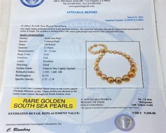 14KT RARE GOLDEN SOUTH SEA PEARL NECKLACE, 18''L, 31 PEARLS, AIGL APPRAISAL $9200