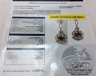 14KT ROSE GOLD MORGANITE & DIAMOND EARRINGS, 15.34ct MORGANITE, .95ct DIAMONDS, GGA APPRAISAL $12,540