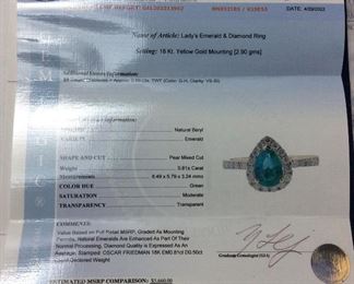 18KT GOLD EMERALD & DIAMOND RING, .81ct EMERALD, .5ct DIAMONDS, SIZE 7.5, GAL APPRAISAL $5660