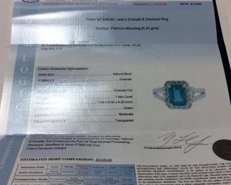 PLATINUM EMERALD & DIAMOND RINGS, 1.44ct EMERALD, SIZE 7.25, GAL APPRAISAL $9050