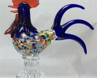 MULTICOLORED ART GLASS ROOSTER PAPERWEIGHT, 9in H