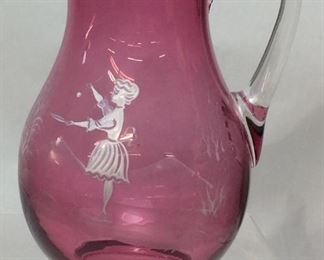CRANBERRY GLASS PITCHER w MARY GREGORY DESIGN