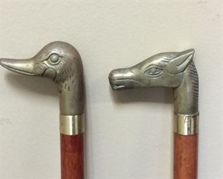 PAIR OF BRASS HEAD CANES, DUCK & HORSE