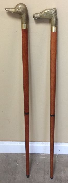 PAIR OF BRASS HEAD CANES, DUCK & HORSE