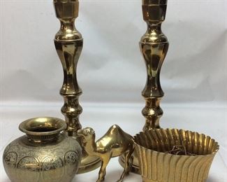 ASSORTED BRASS COLLECTIBLES, CAMEL, VASE, CANDLE STANDS