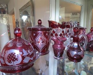 Vintage Etched Cranberry Glass Pieces
