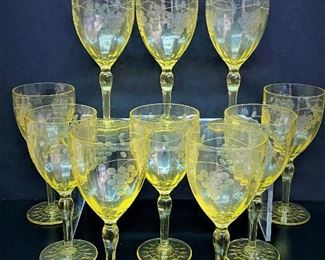 Depression era glass water goblets in yellow.