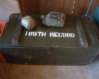 Army footlocker, canteen,  lantern