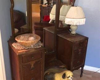 Let's start with a great little 1920's vanity with long center mirror & folding side mirrors!