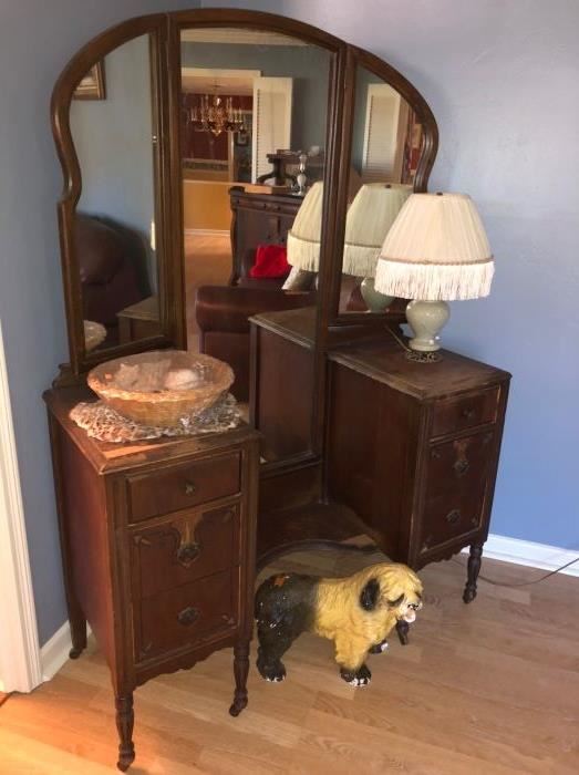 Let's start with a great little 1920's vanity with long center mirror & folding side mirrors!