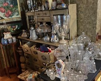 Antique glass jars, pewter, artwork